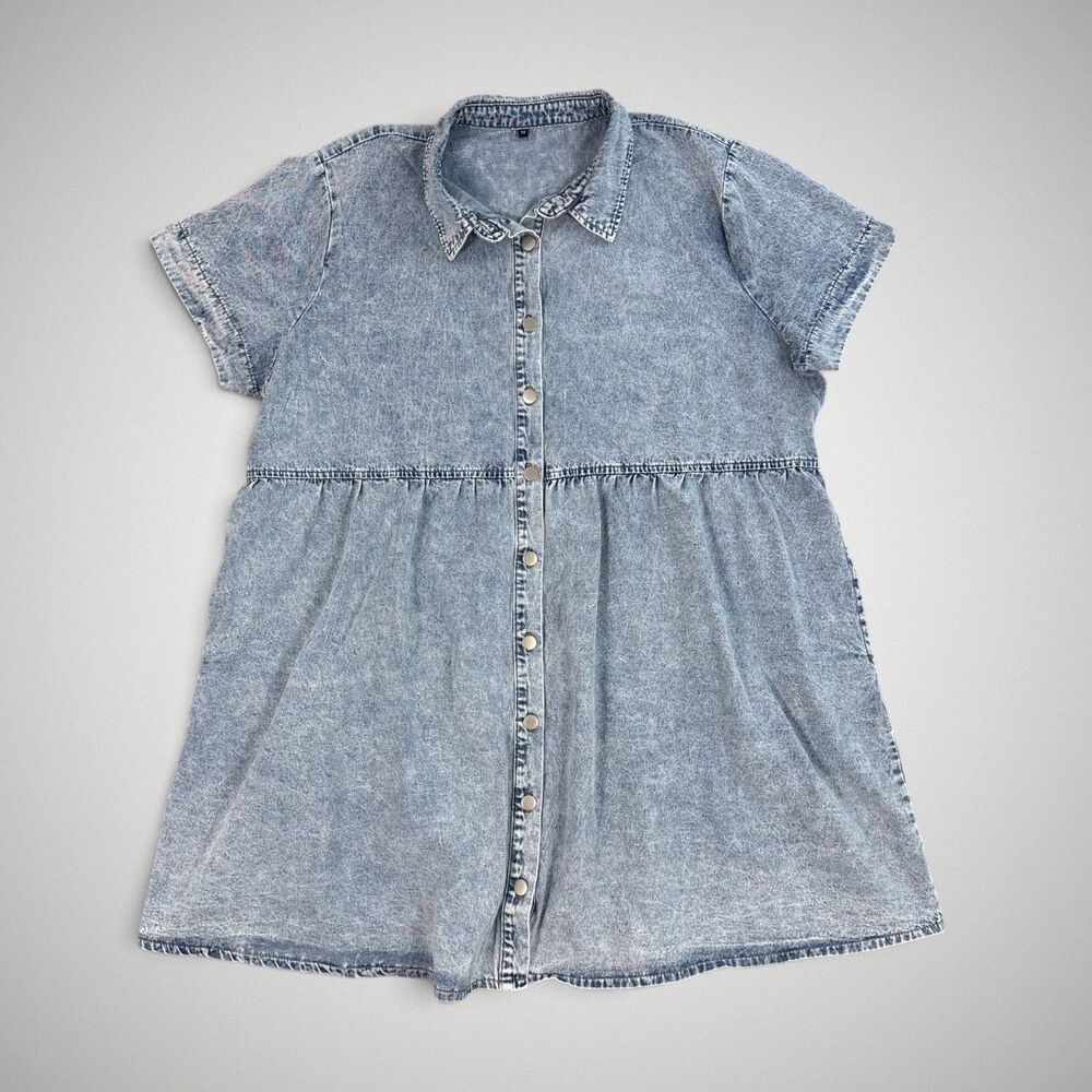Denim Babydoll Acid Wash Dress Snap Front Short Sleeve Y2K 90s Plus Size 3X